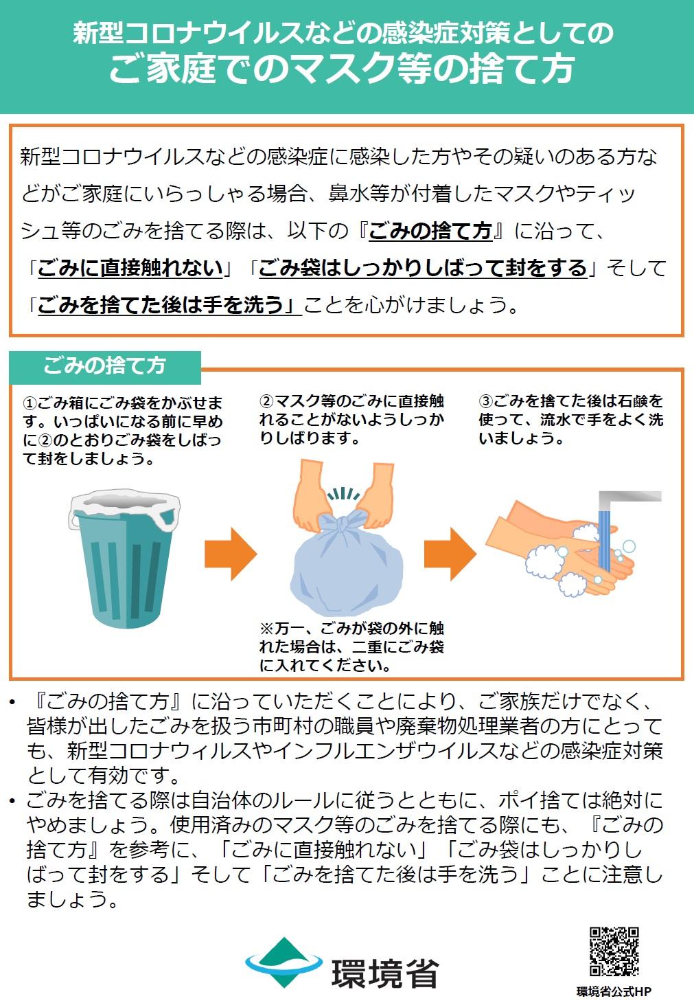 新型コロナウイルスなどの感染症対策としてのご家庭でのマスク等の捨て方をイラスト付きで案内する環境省のリーフレット画像