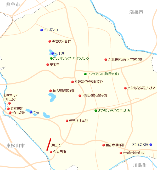吉見町の観光地（文化財）がある場所を示す地図の画像