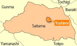 埼玉県の地図のほぼ中央にオレンジで色づけされた吉見町の場所を示す地図の画像