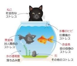 猫、金魚鉢、赤と黒の金魚を使ったストレス度・落ち込み度がチェックできるイラスト